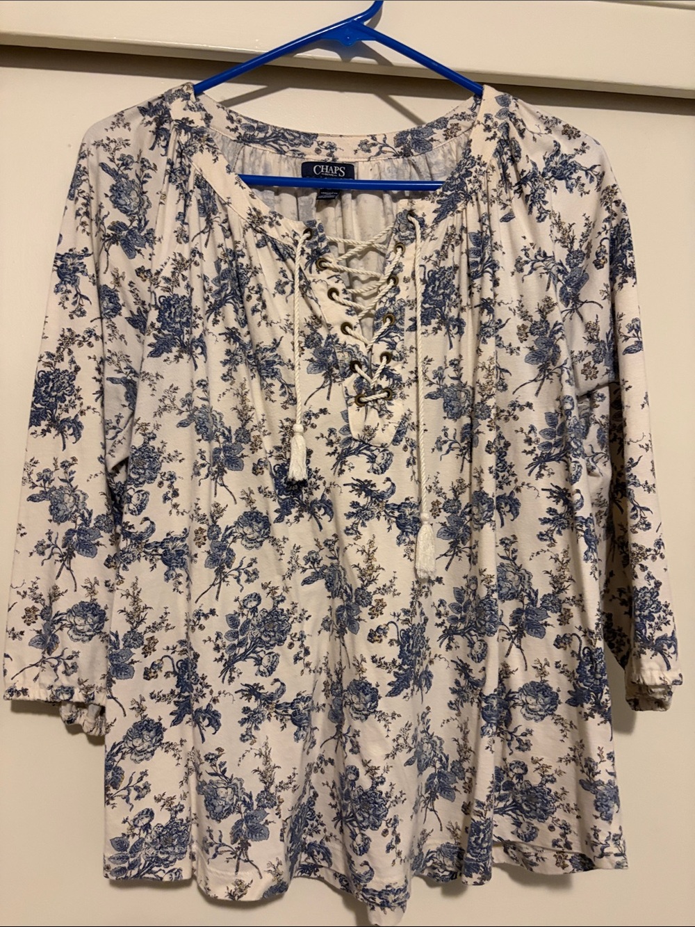 Chaps Cream and Blue Floral Lace-Up Peasant Tunic